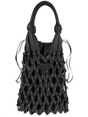 Prada Handbag Mesh Drawstring Shoulder Triangle Logo Leather Nylon Black Silver